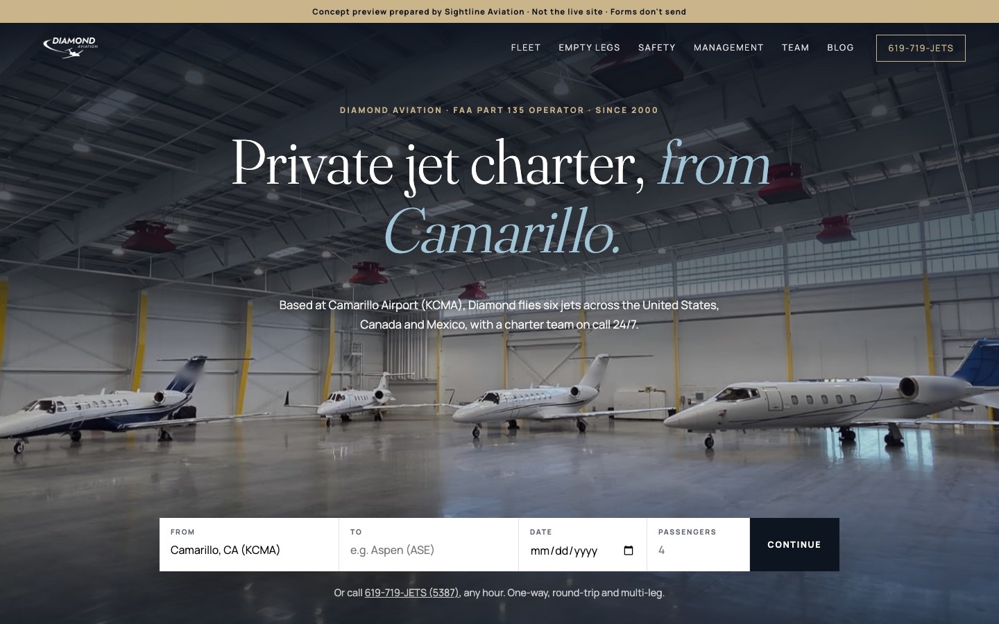 Diamond Aviation concept homepage: their jets in the hangar under the headline 'Private jet charter, from Camarillo'